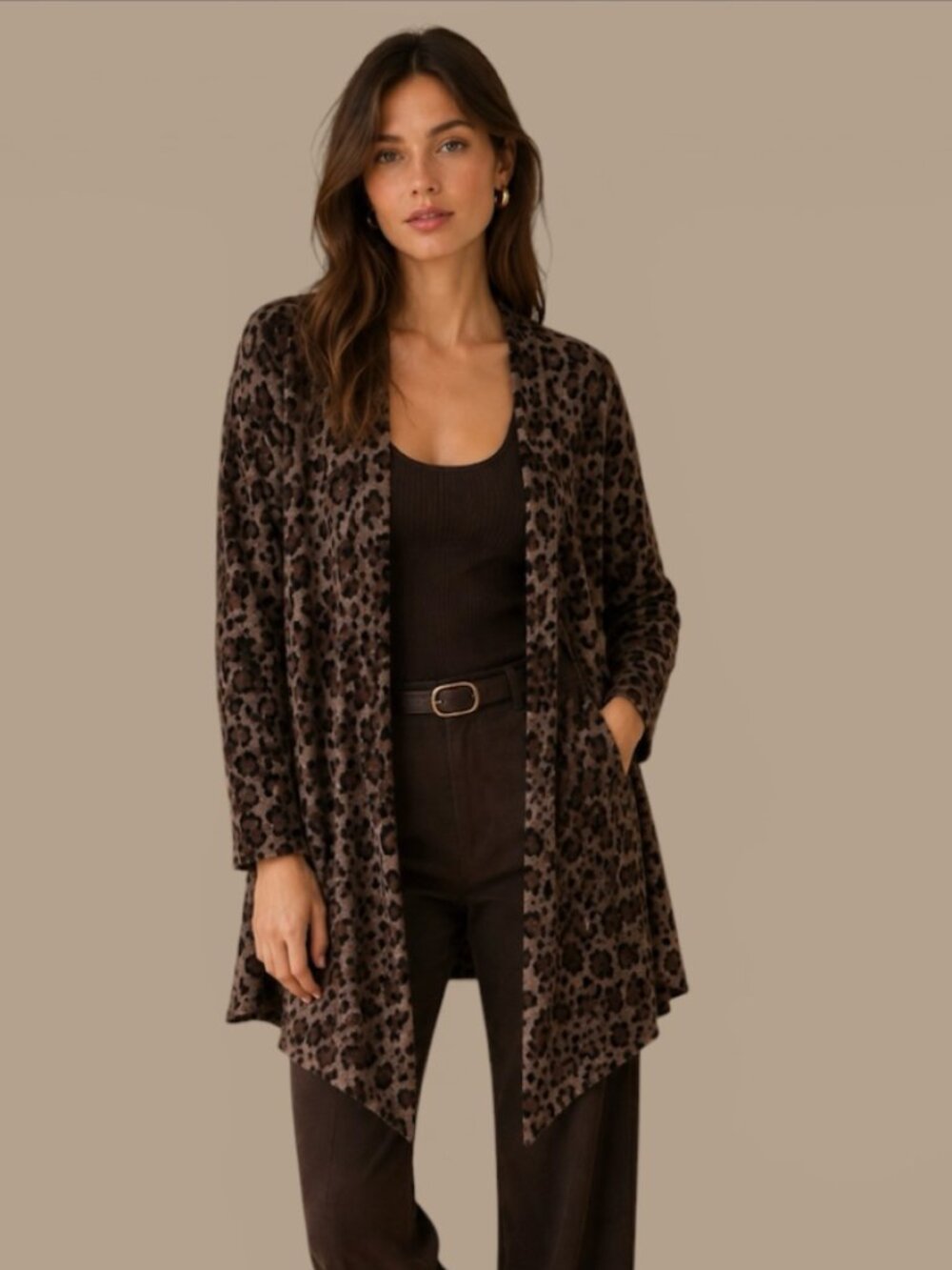 ๐ Joan Vass Leopard Print Open Front Cashmere Sweater - Picture 2 of 9